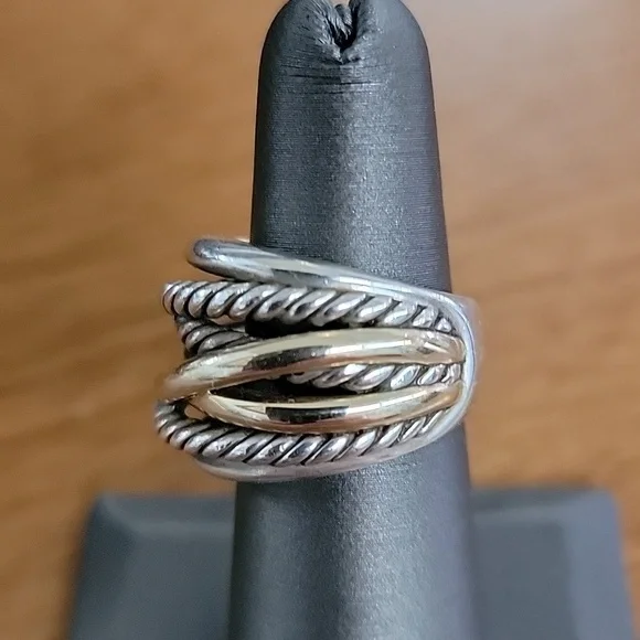 David Yurman Crossover Ring In Sterling Silver with 14k Yellow Gold - Picture 3 of 9